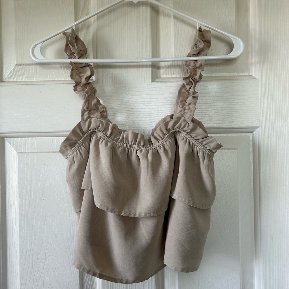 Cropped Ruffled Tan Women's Top - Picture 2 of 2